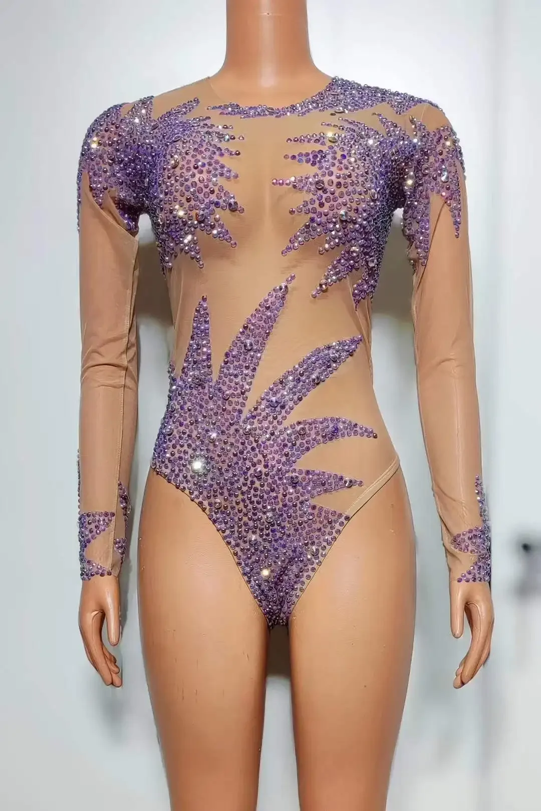 

Sparkly Rhinestone Bodysuits Women One Piece Stretch Sheer Mesh Long Sleeve Dance Costume