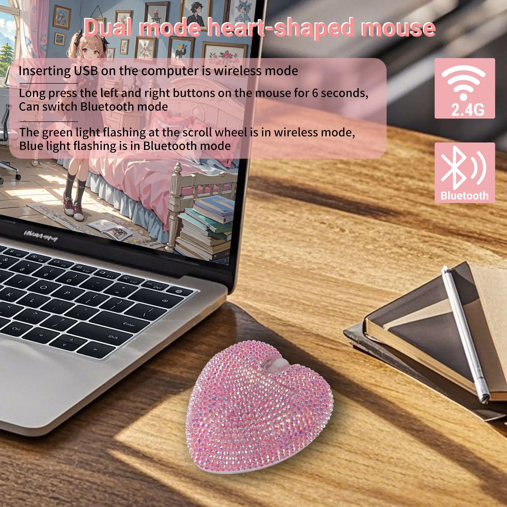 New Cute Large Wireless 2.4g Bluetooth Dual-Mode Type-C Port Charging Love Mouse Funny And Cute Student Mouse Game Office Mouse