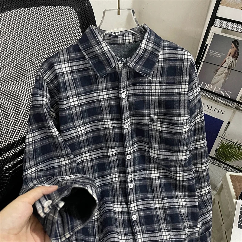 

Retro Japanese Hong Kong Sle Plaid Long Sve Men's irt Autumn Winter Fce Lined Loose Casual Outerwear for Couples