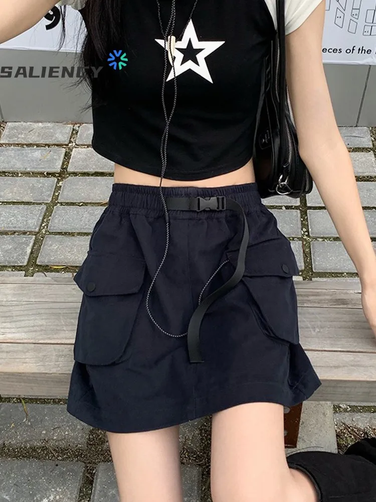 

American Style Summer Casual Dark Black Large Pocket Skirts Women's Solid Cargo Skirts