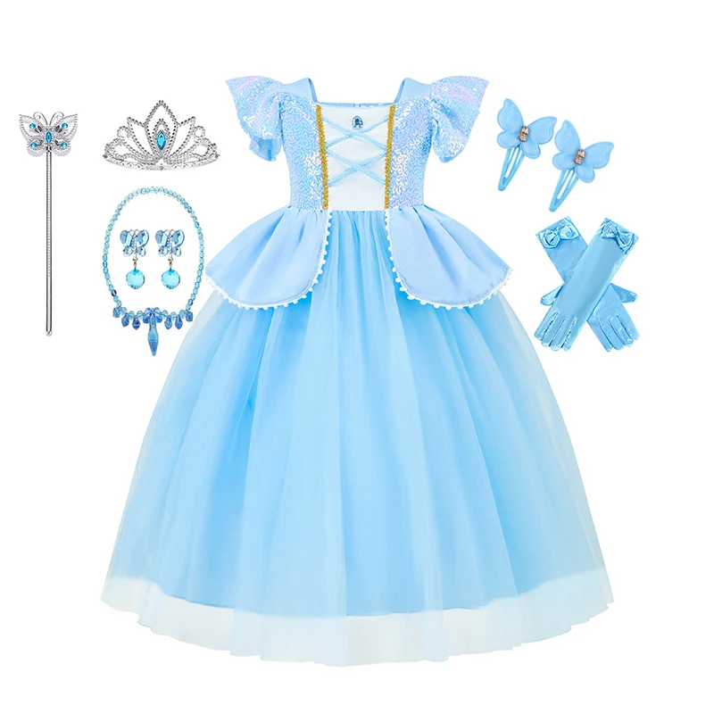 فستان أميرة ديزني سندريلا الفاخر للفتيات والأطفال، ثوب حفلة من الدانتيل الأزرق، ملابس تنكرية للهالوين، ملابس أميرات الكرنفال