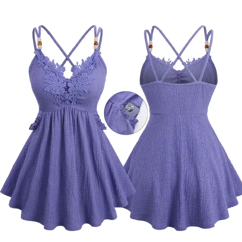 Imagen 1 del producto ROSEGAL Camisola de talla grande con apliques florales y bolsillo texturizado, chaleco con espalda morada, camisetas sin mangas entrecruzadas con tiras para mujer