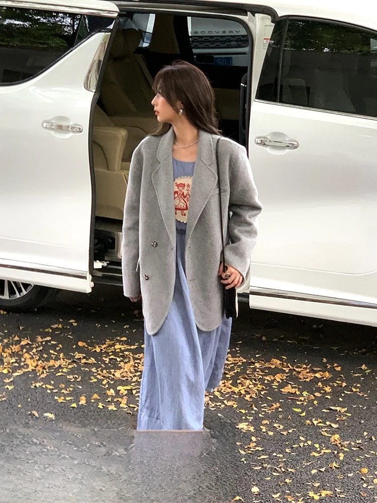 

Серебряная звезда, красное вечернее двустороннее шерстяное пальто, открытый кардиган, свободный крой, осенне-зимняя женская верхняя одежда Thiened