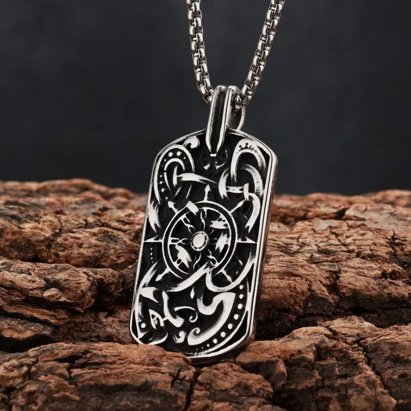 Vintage Engraved Ship Anchor Wheel Dog Tag Titanium Steel Necklace Men Viking Celtic Pattern Pendant Sweater Chain
