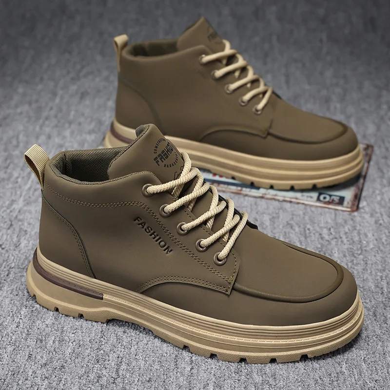 Spring 2025 High Top Fashion Trend Thick Sole Wear-Resistant Retro Leather Shoes Sports Casual Board All Match