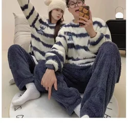 Two-piece Set Cartoon Couple Men's and Women's Pajamas Autumn / Winter Long Sleeve Plus Velvet and Thick Striped Plush Homewear