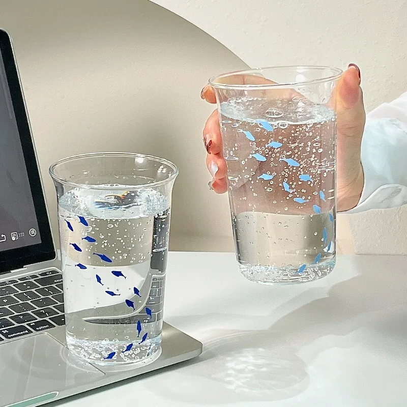 1pc Ins Style Printed Small Fish Glass Cup Flip Over Milk Juice Coffee Cup High Aesthetic Drinking Utensil
