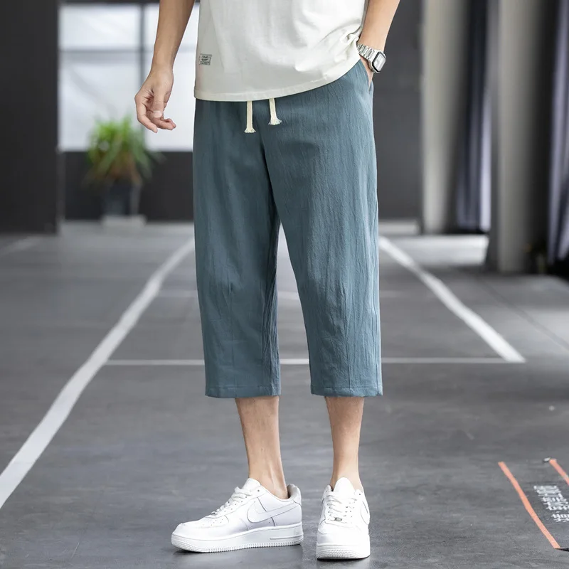 Calça Haren solta de algodão puro para homens, tamanho grande, cintura elástica, monocromática, shorts confortáveis, casual, estilo chinês, nova, verão, 2022