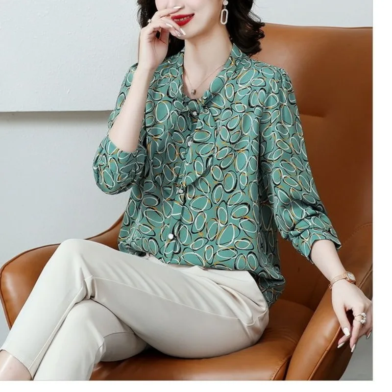 Spring Autumn Scarf Collar Chiffon Pullover Polka Dot Printing Lantern Long Sleeve Button Women\'s T-shirt Comfortable Tops