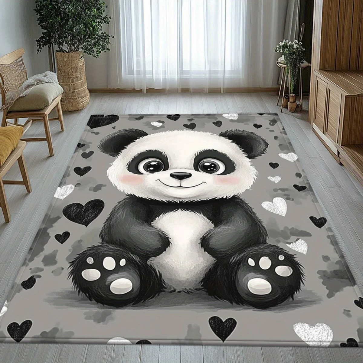 Cute Panda Heart Print Door Mat, Non-Slip Absorbent Washable Area Rug, Modern Animal Decor Carpet for Bathroom Living Room