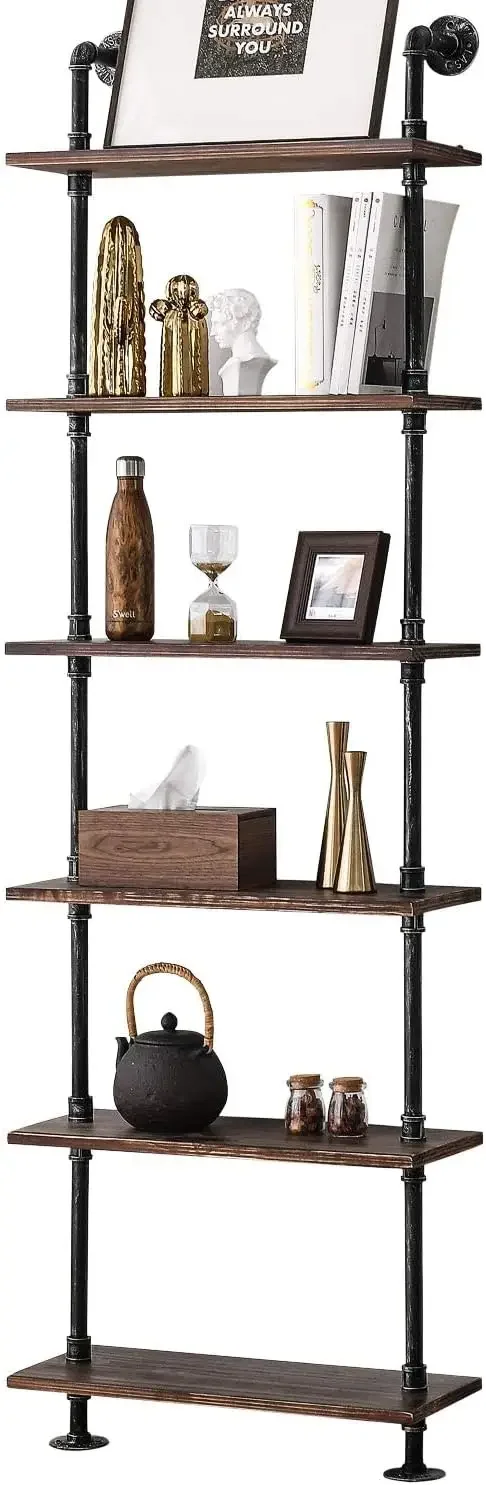 

BOSURU Industrial Pipe Bookshelves Rustic Wood Ladder Bookshelf, Industrial Pipe Shelf for Living Room Decor and Storage,Bookca