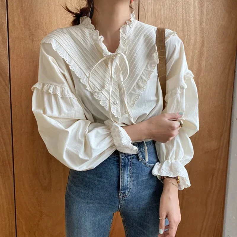 2024 Long Sleeve Vintage Women Lace Shirts Hollow Out Casual Elegant Tops Women Solid Lace Up Bow Loose Blouses New Blusas 9580