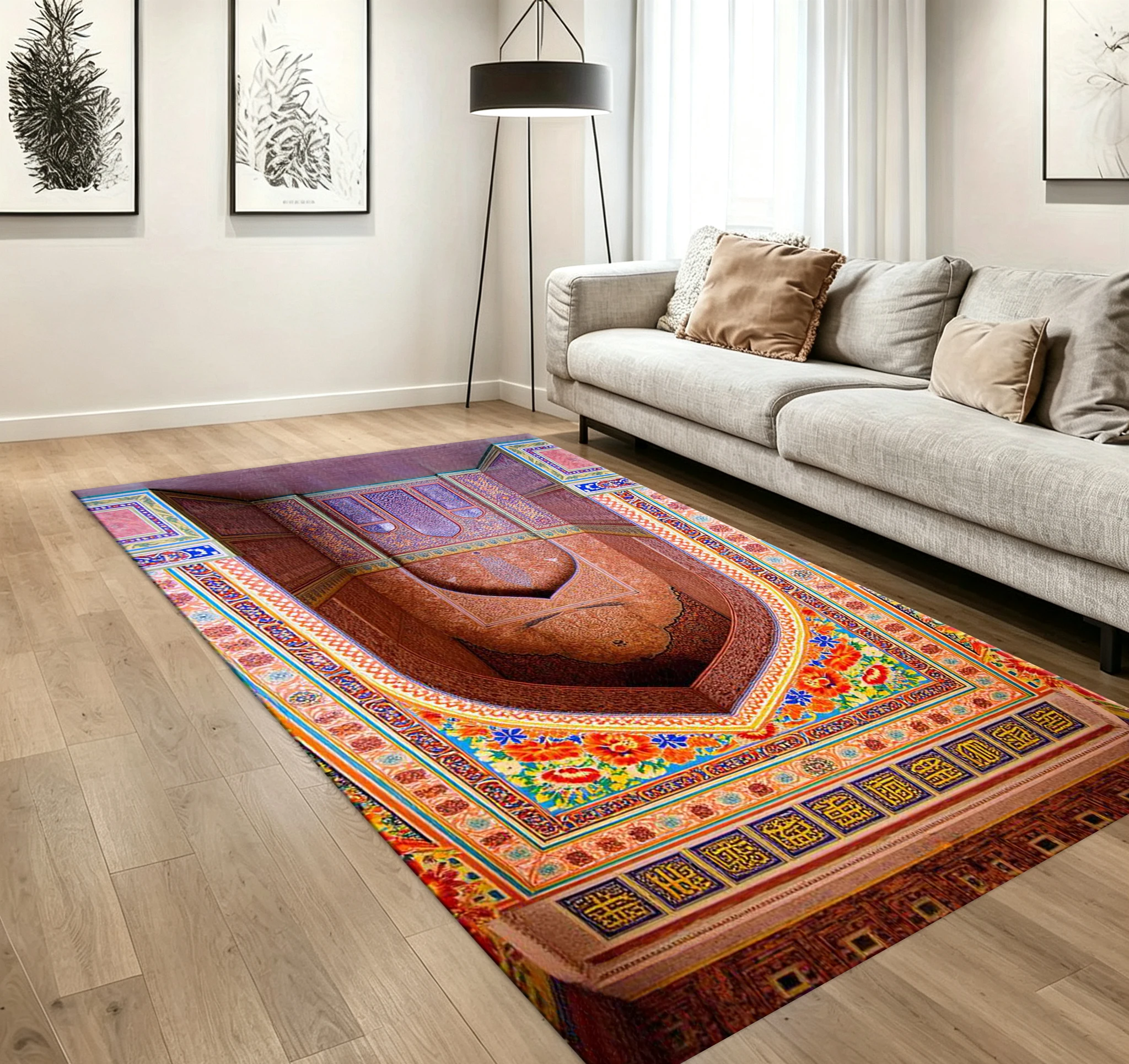 Oriental Islamic Mosaic Carpet Flooring Colorful Palace Arch Vintage Art Pattern Printed Area Rug for Living Room Household Interior Decor