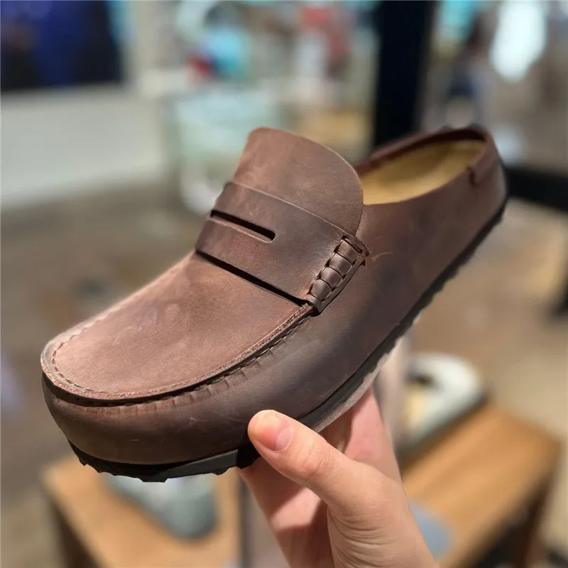 Zapatos de Mujer de Piel con Punta Redonda y Plantilla de Corcho Cómoda, Estilo Retro, Color Marrón, para Uso Casual al Aire Libre