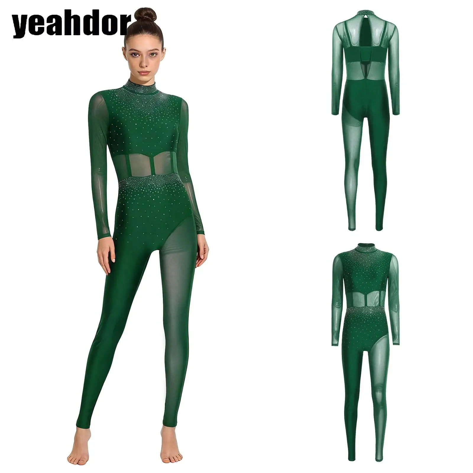 

Womens Rhinestones Dance Rhythmic Gymnastics Leotards Shiny Long Sleeve Jumpsuit for Figure Skating Ballet Dancewear Bodysuits