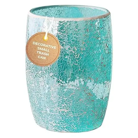 

Modern Mosaic Glass Bathroom Trash Can 5L, Turquoise Green Decorative Waste Basket for Restroom Office Bedroom Kitchen