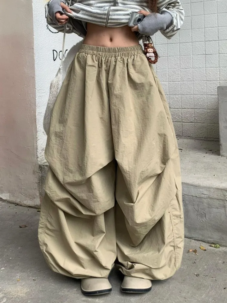 

HOUZHOU Vintage Oversized Khaki Parachute Pants Women Baggy Japanese Style Cargo Pleated Trousers Joggers Wide Leg Pants Casual