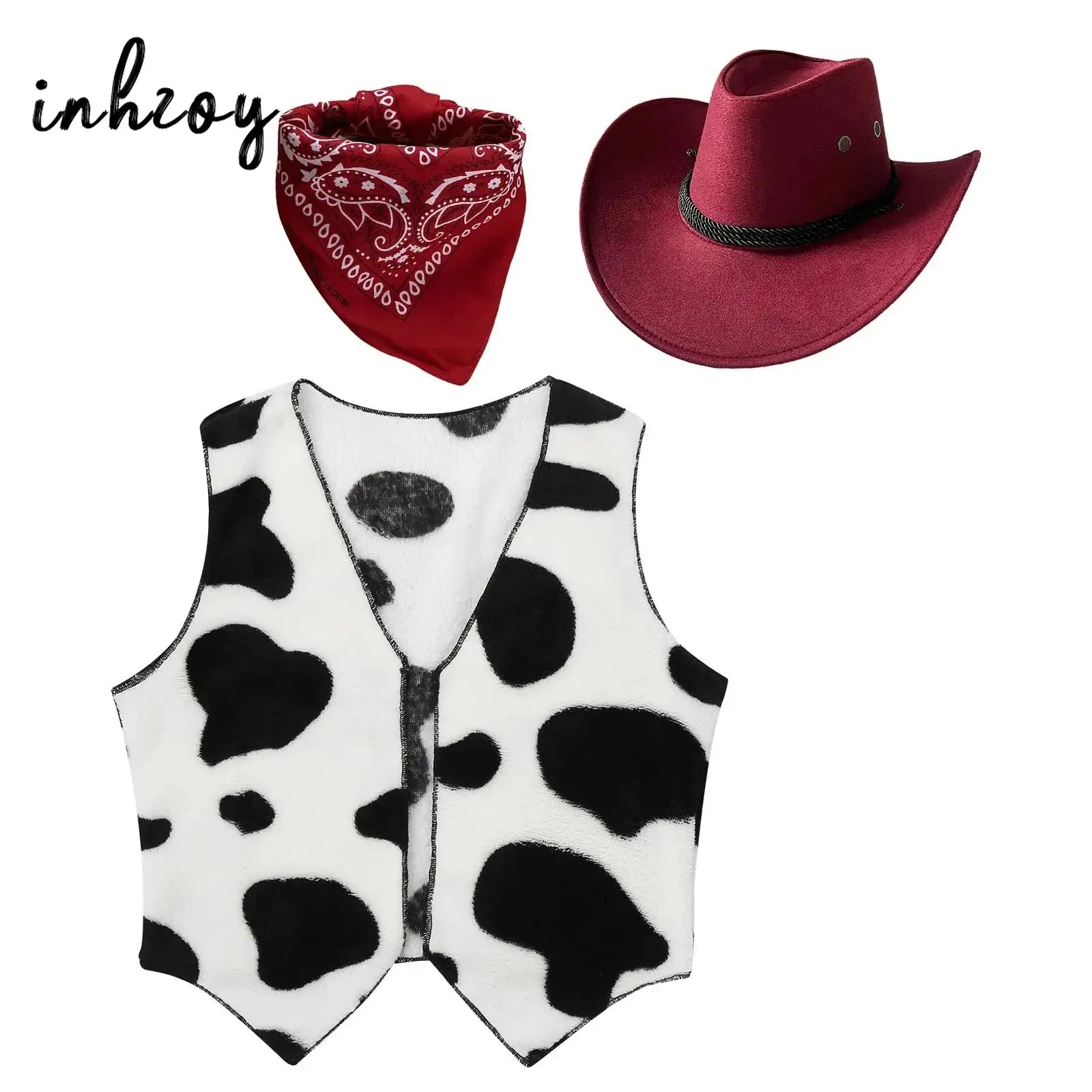 Halloween Cowboy Costume Cowgirl Party Dress Up Kids Western Felt Hat with Bandanna and Cow Print Vest Cosplay Fancy Outfits