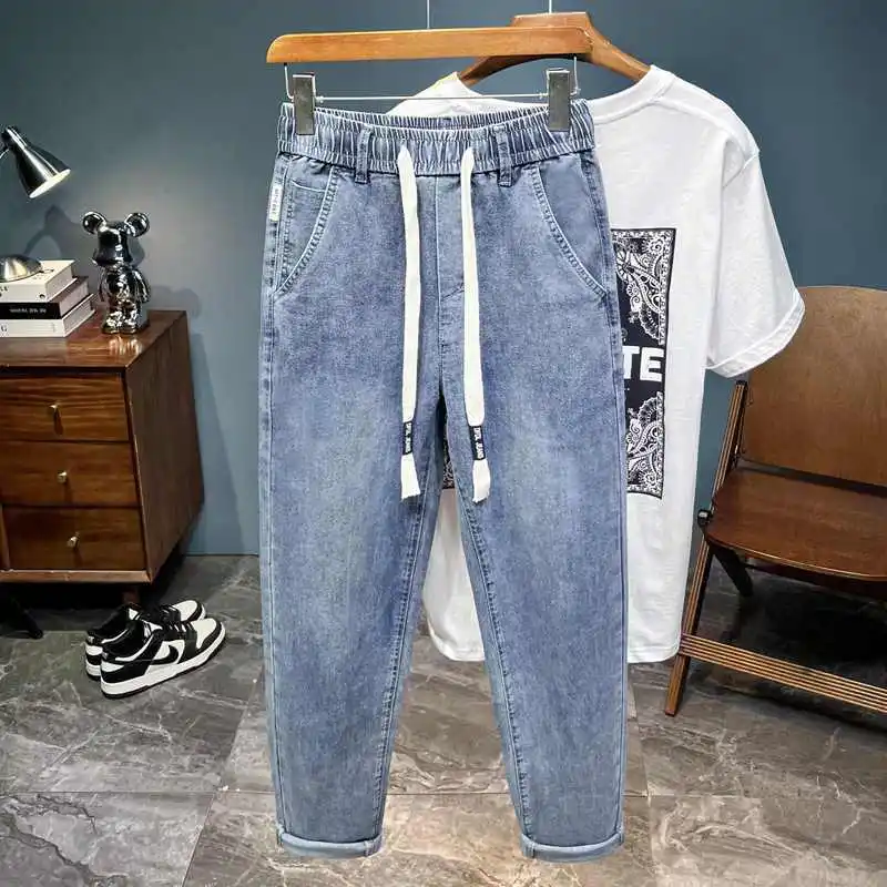 

2026 Spring New Loose Elastic Small Straight Jeans Men's and Korean Trendy Elastic Belt Casual Harlan Pants Cowboy Pants Man