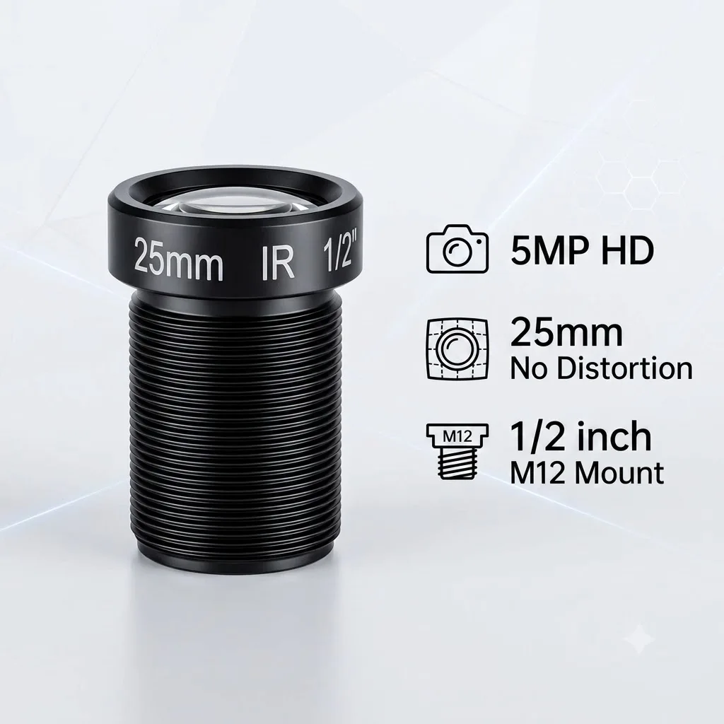 25mm 5MP No Distortion M12 Mount Lens, 1/2' Sensor, 850/940nm Narrowband Filter, for OpenMV / Machine Vision / Industrial Camera