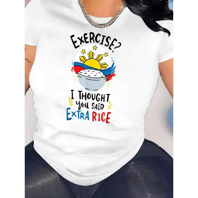 

Women Extra Rice T-Shirt Funny Foodie Graphic Tee Philippine Culture Rice Lover Humorous Workout Joke Filipino Gift Casual Top
