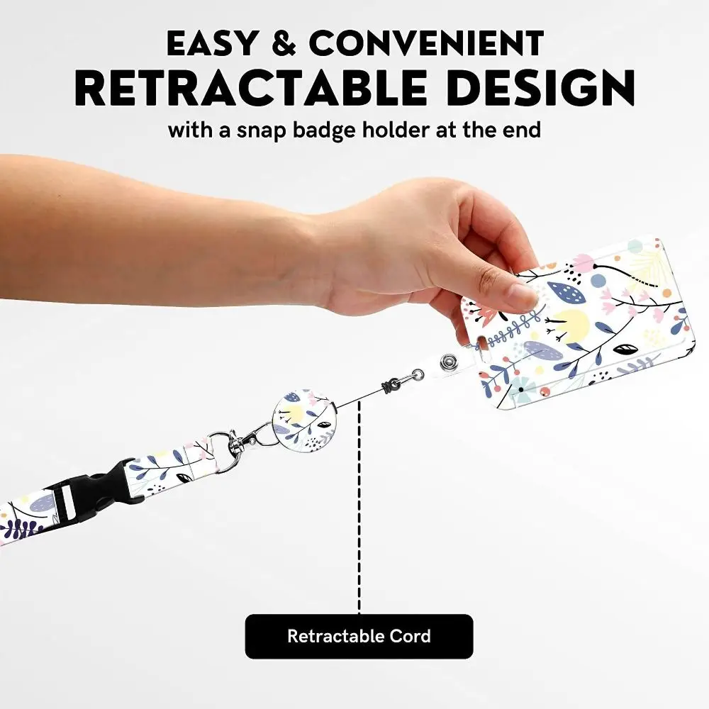 360 Degree Rotatable Working Cards Holder Necklace Strap Flower Flower Print Badge Holder 5 Colors Vertical