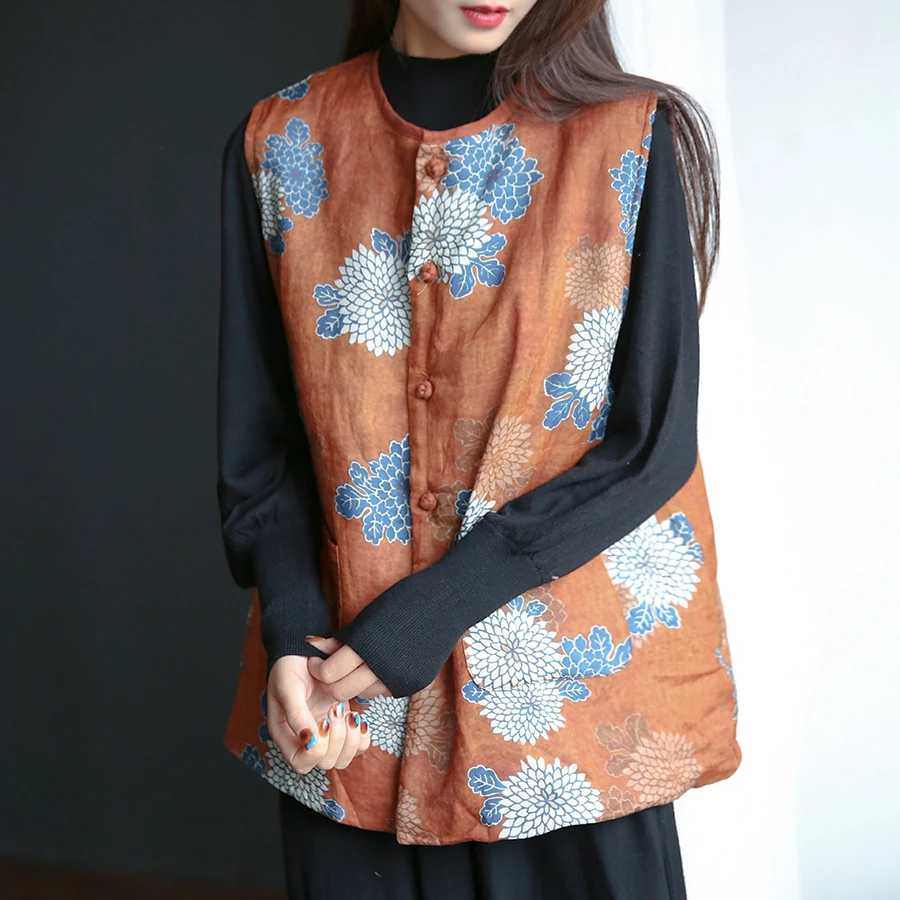 レトロな芸術的なファイオンプリントの亜麻ベスト、女性用冬用コットン裏地付き暖かいアウターウェア、重ね着に最適、トレンディなシングルボタン留め