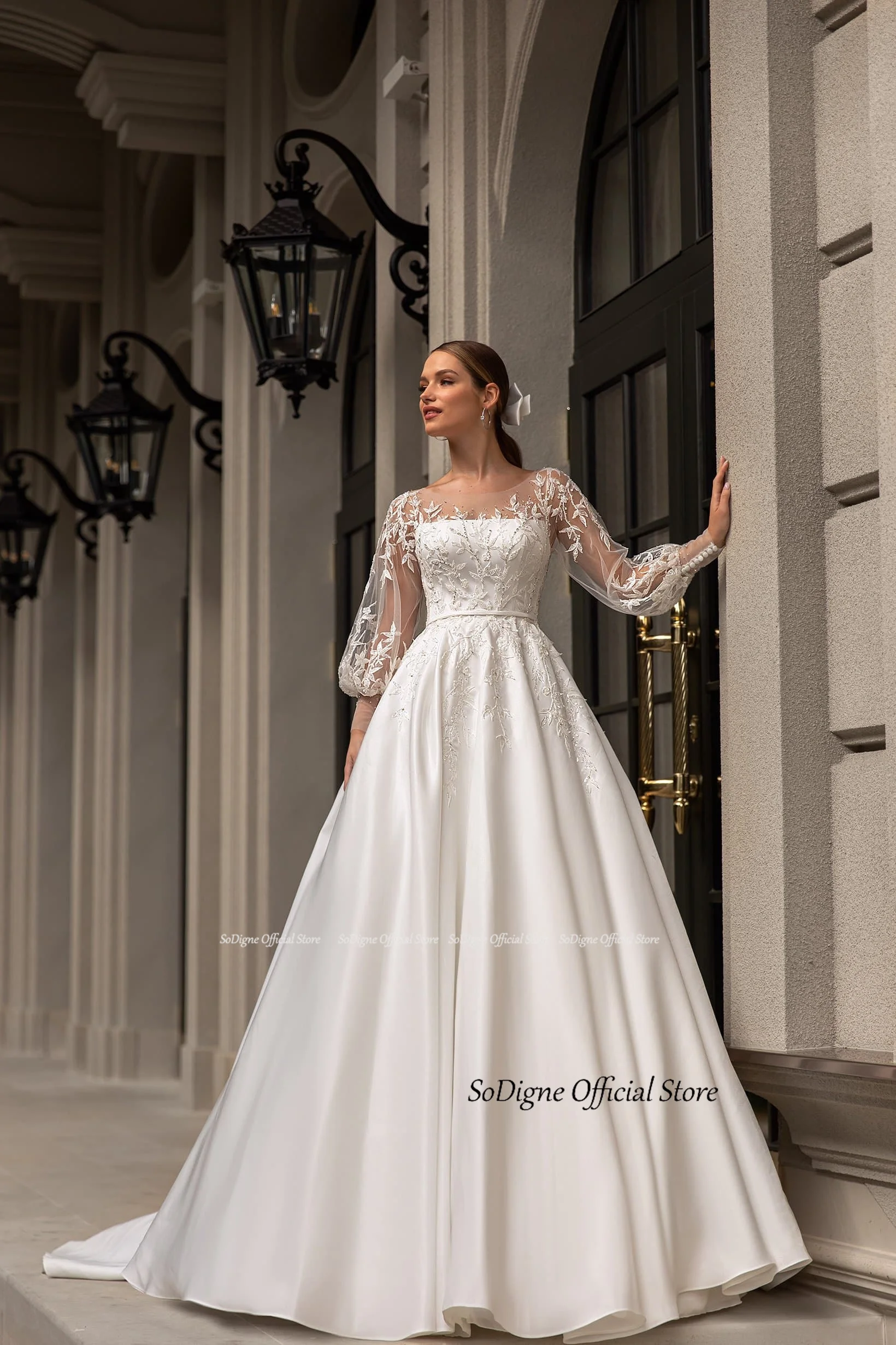 SoDigne A-line Satin Wedding Dresses Appliques Full Sleeves O-neck Bridal Dress Elegant Customized Bride Gown vestidos de novia