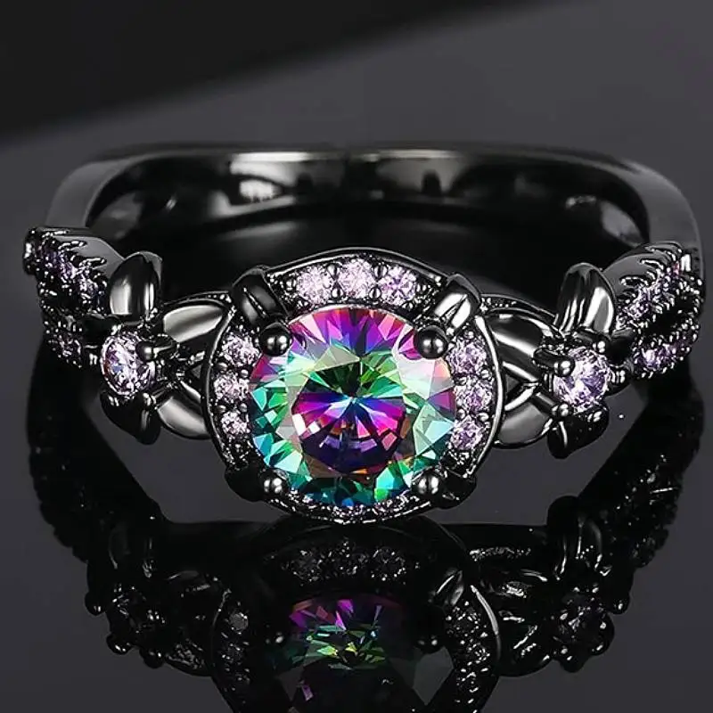 Huitan Women Black Ring Inlaid Bright Multicolored Cubic Zircon for Party Daily Trendy Accessories Unique Design Chic Jewelry