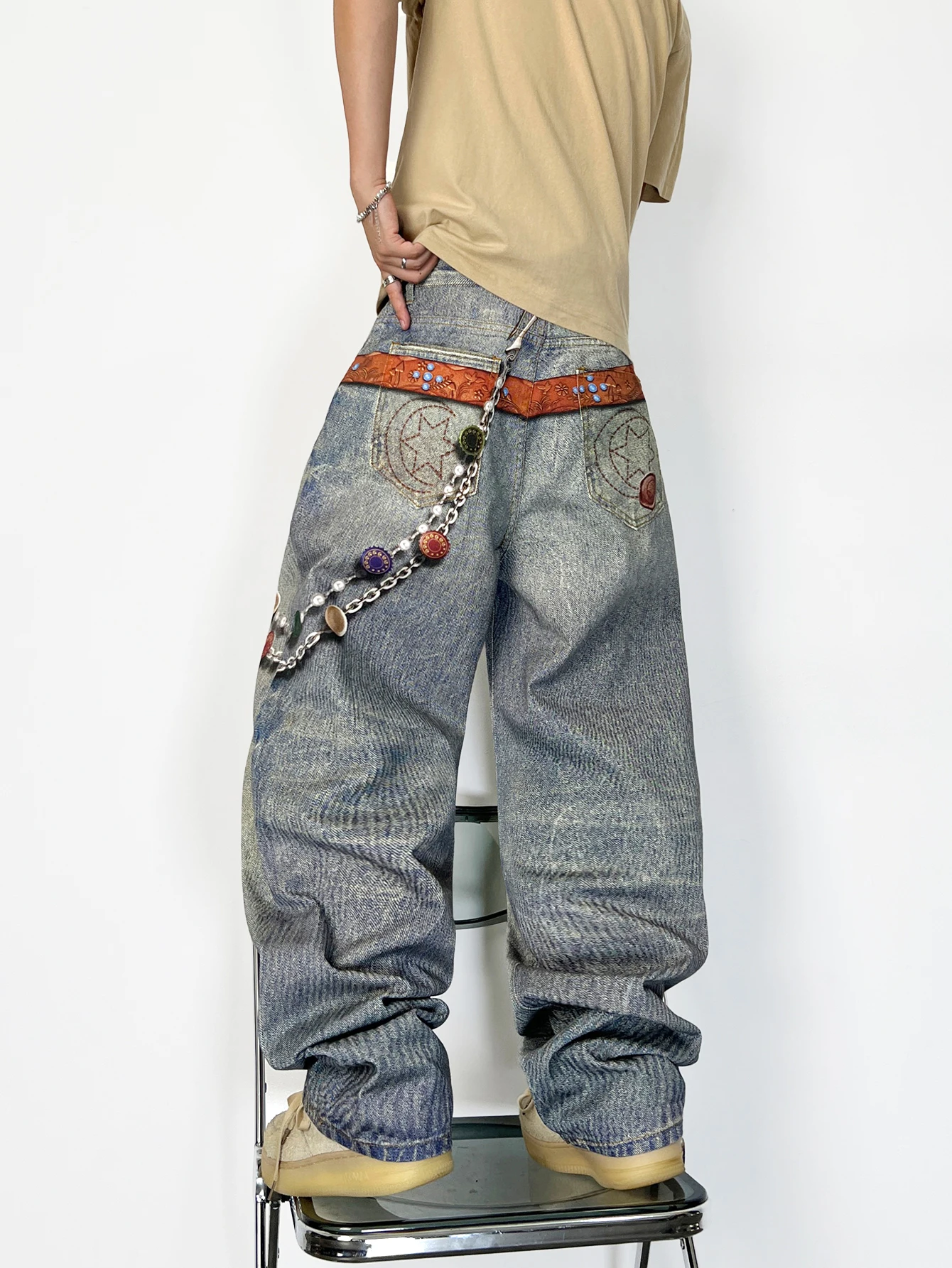 High-Street Niche Design Digital Print Baggy Men's Jeans, Retro And Stylish With Wide-Leg Pants,Belt And Accessories Not Include