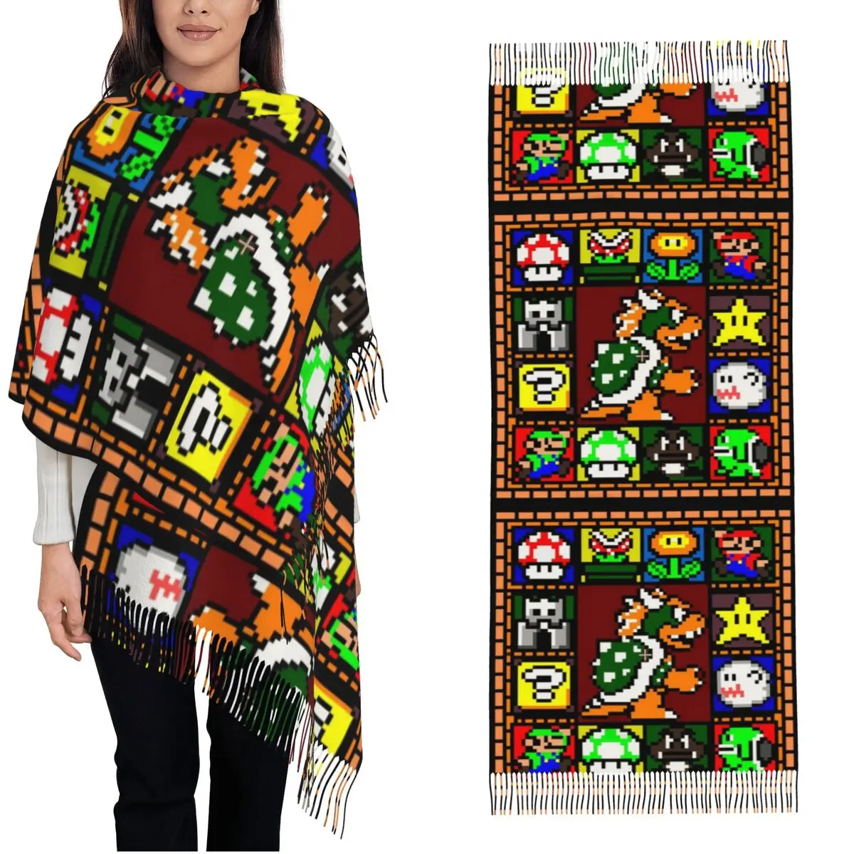 Women's Tassel Scarf Bowser 90s Game Long Super Soft Shawl Wrap Super Marios Daily Wear Pashmina Scarves