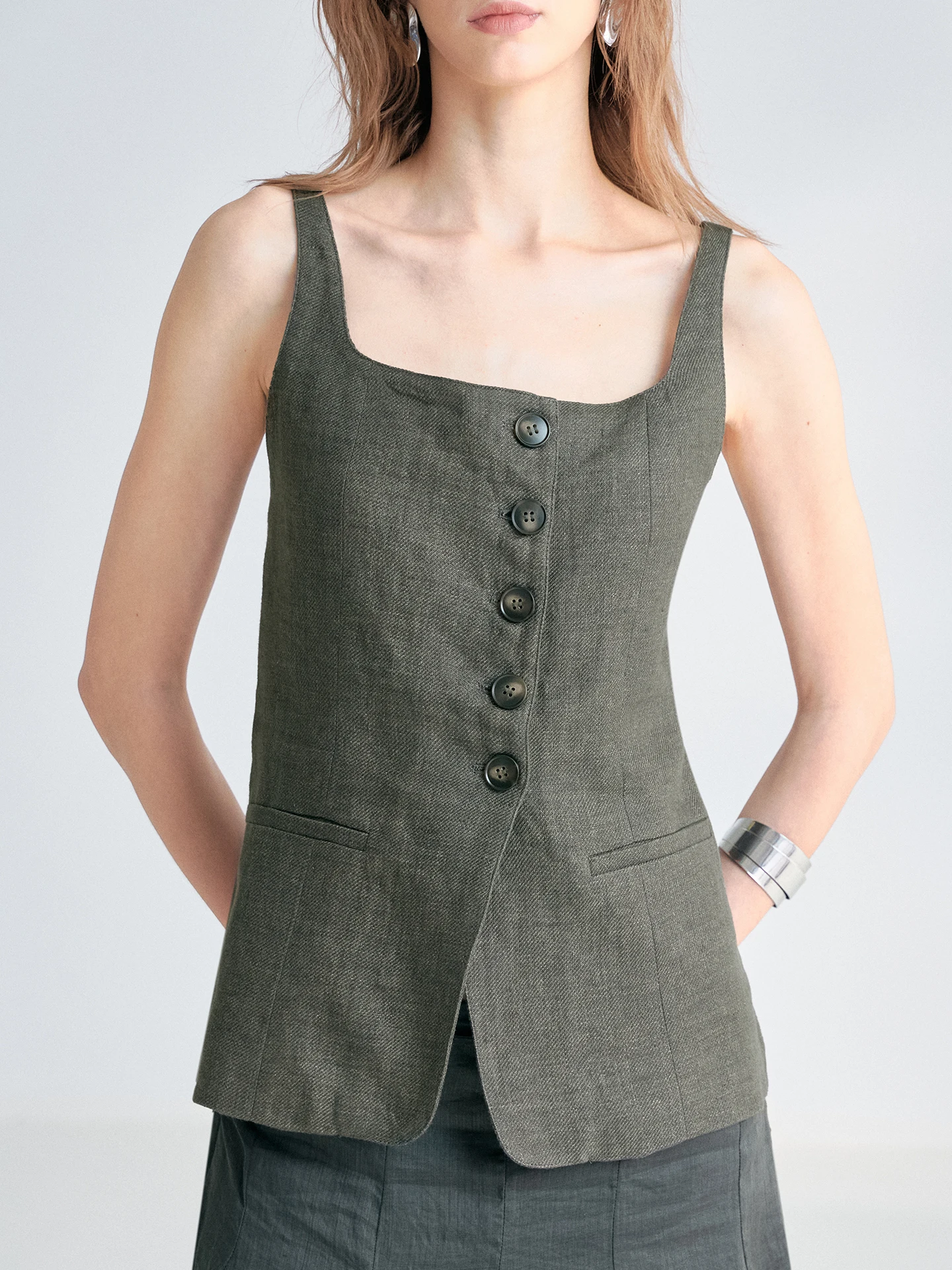 Pure Linen Halter Neck Vest Women's High End Twill Breathable Inner Wear Single Button Closure Summer Collection