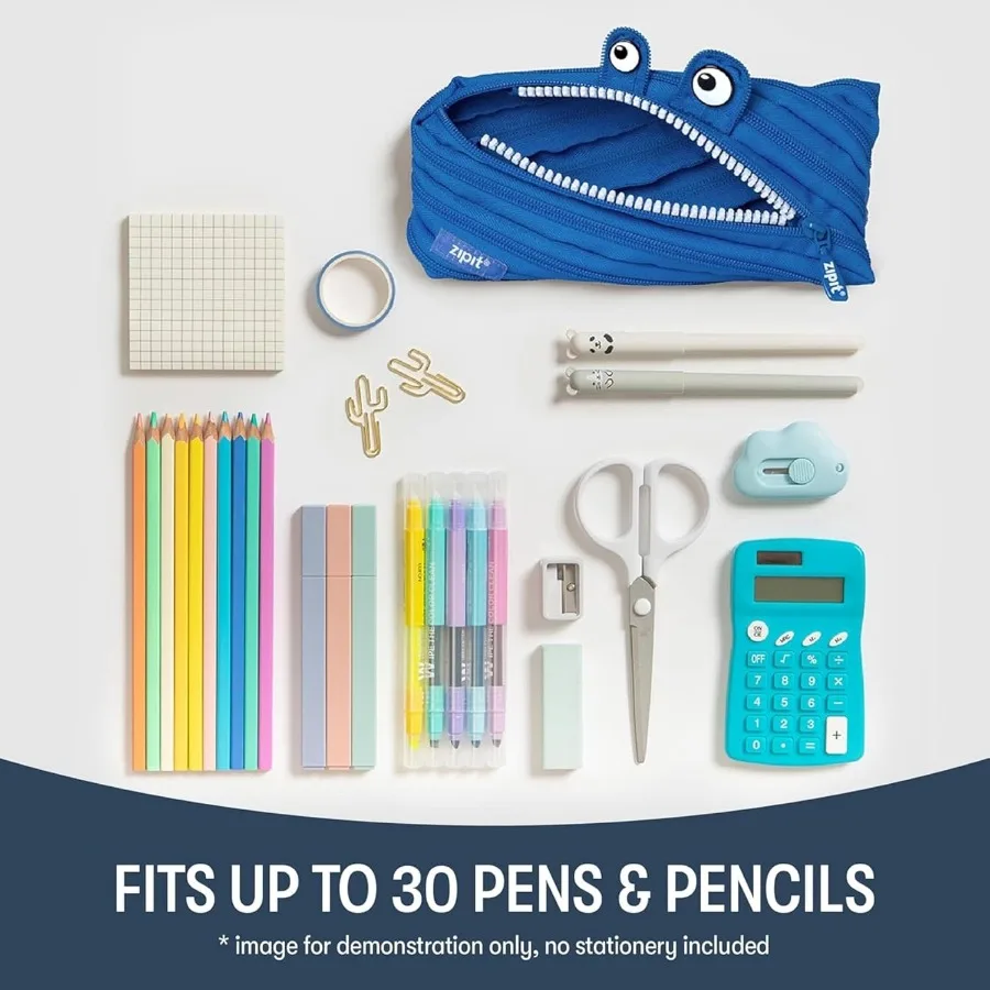 かわいいブルーのジッパー付きペンケース - 子供、男の子、女の子向けの学校用文房具バッグ