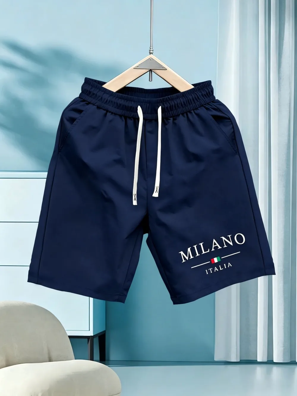 European and American men's summer holiday Milan letter print micro elastic breathable drawstring shorts outdoor casual pants