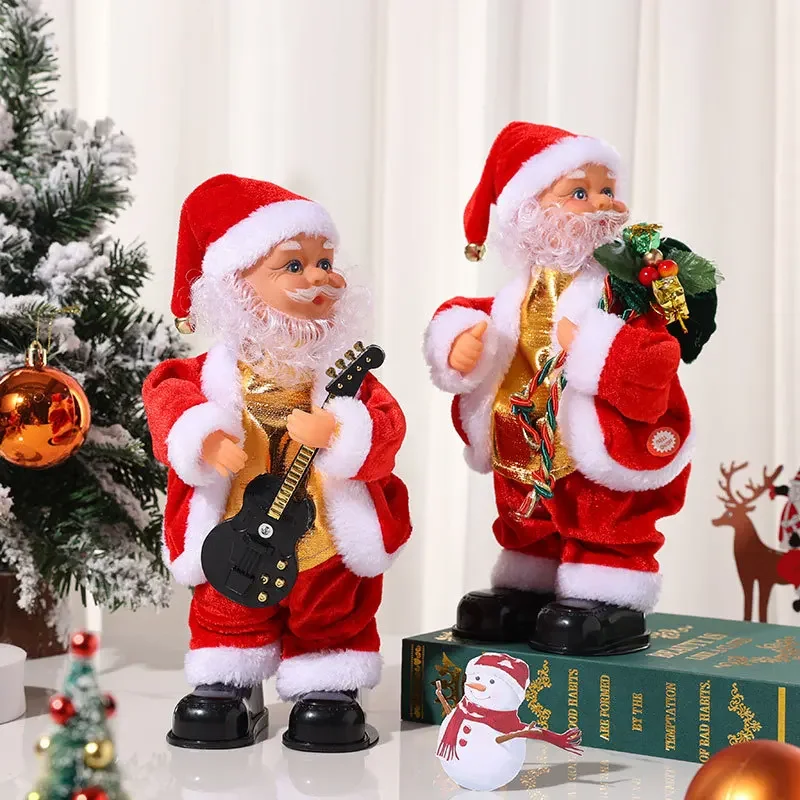 Navidad Musical eléctrico baile de cadera tocar guitarra muñeco de Papá Noel juguetes ornamento con música decoración de fiesta regalo para niños