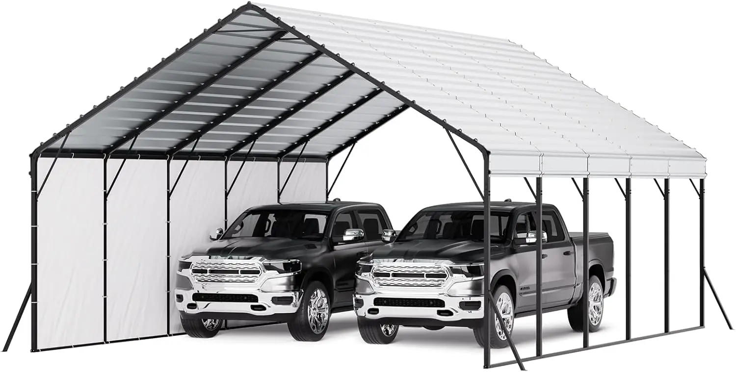 

20x24 ft Heavy Duty Metal Carport, Outdoor Car Shelter with Removable PE Sidewalls, Steel Frame Garage for Car, Truck, Boat