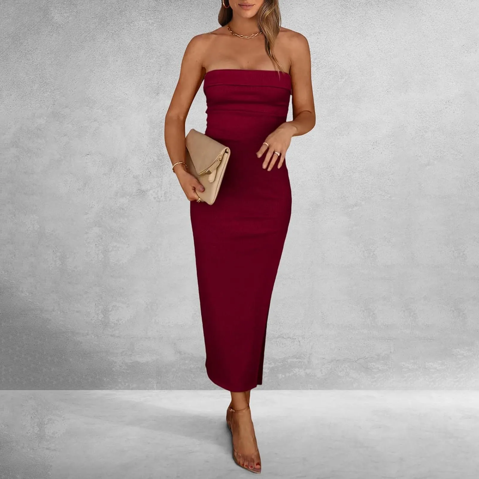 

2024 Summer New Tube Top Slim Long Dresses Women Sexy Sleeveless Solid Color Package Hip Bodycon Slit Dresses Temperament Female