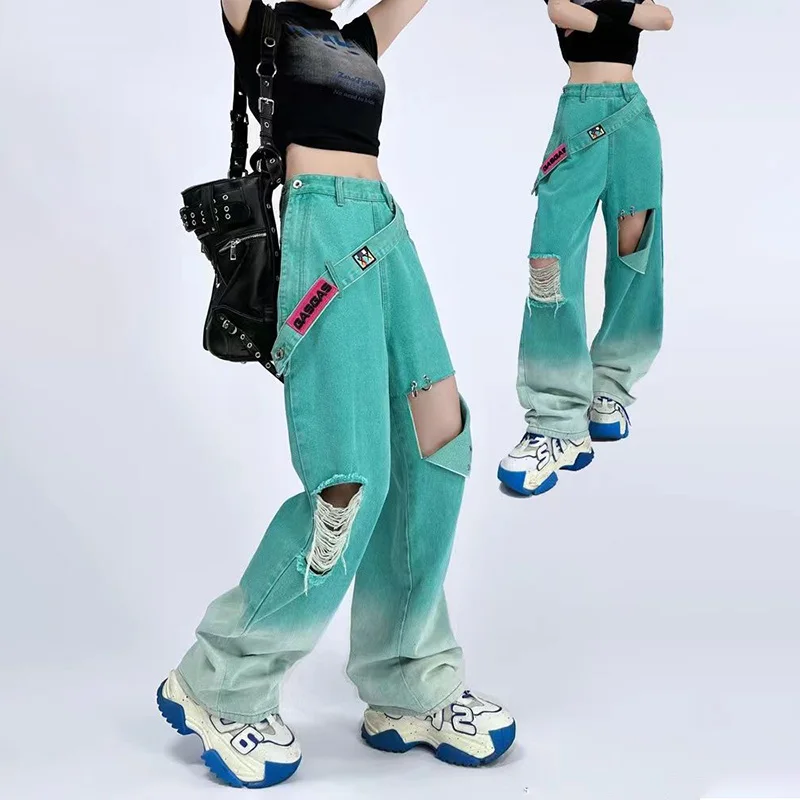 American Style Vintage zerrissen y2k Baggy Jeans Frauen Streetwear Freizeit hose heißes Mädchen hohe Taille Frauen Seite Knopf Hose