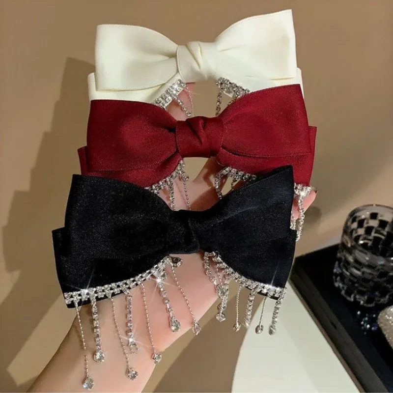 

Creative Women Gifts Red Rhinestone Tassel Satin Bow Back Spoon Spring Clip Hair Clip New Headwear Accessories Head Hair Decor