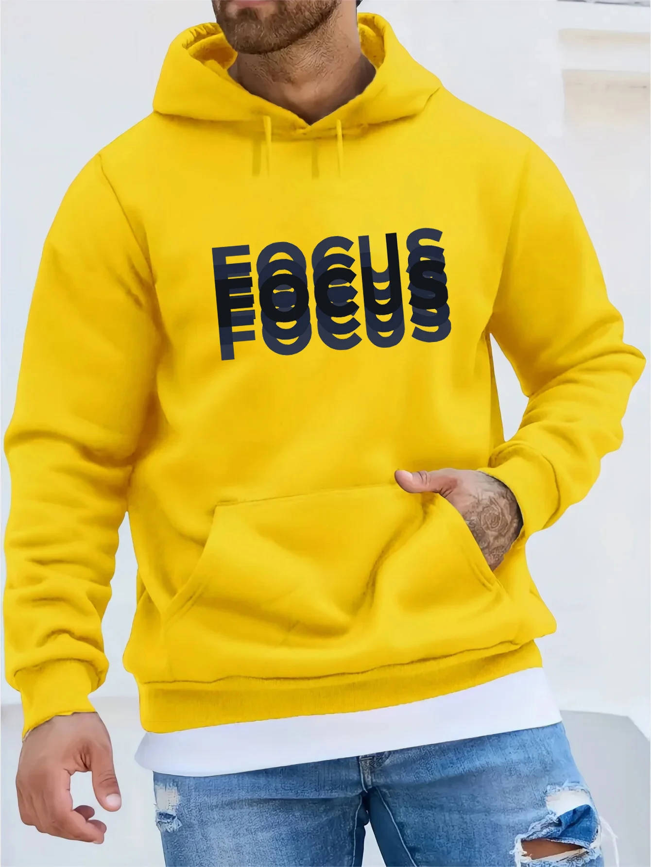 Men's autumn and winter fashionable casual loose oversized FOCUS letter printed fleece pullover hooded long sleeved sweatshirt