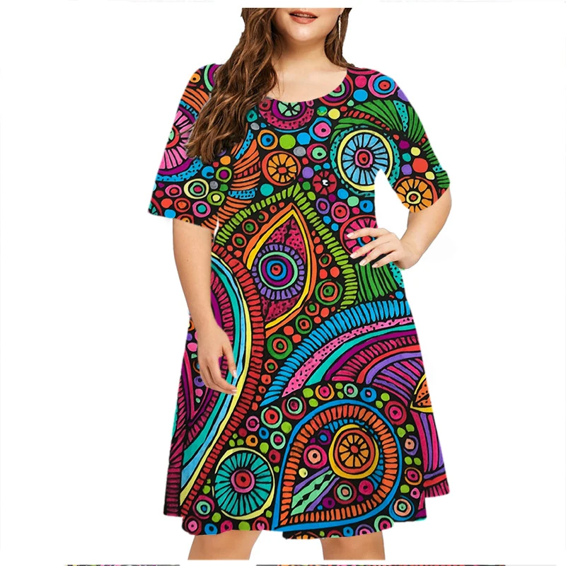 6XL Plus Size Dresses Women Abstract Painted Print Dress Summer Vintage Pattern Short Sleeve A-Line Dress Casual Party Sundress