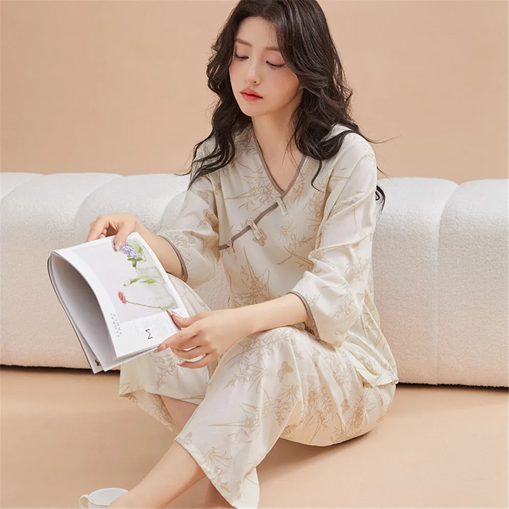 Chinese Viscose V-Neck Pullover Trousers Pajamas Suit Sleepwear Women's Home Nightwear Cotton Silk Two Piece Set