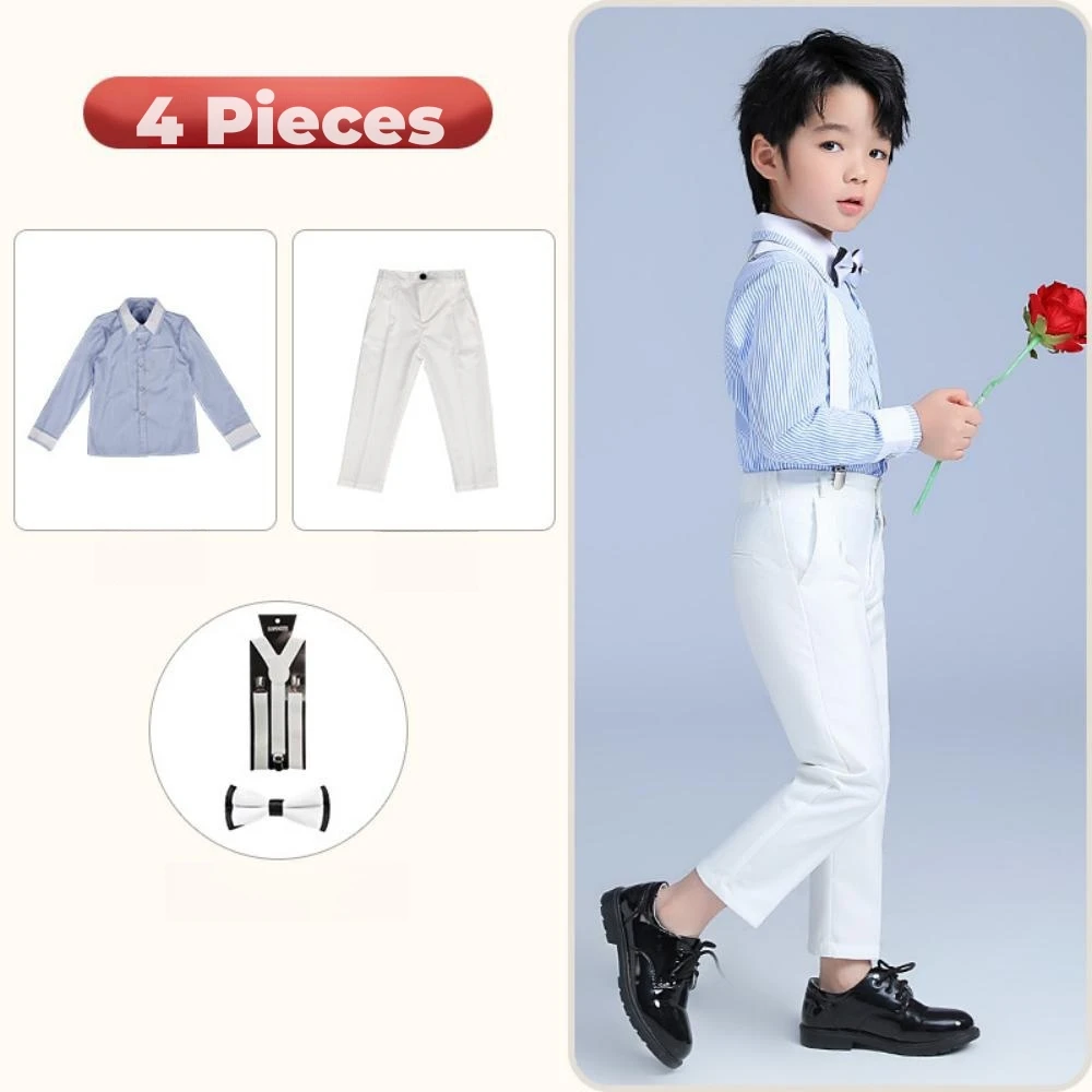 Formal Kids Overall Sets 4 Pieces Striped Shirt Jumpsuit With Bow-tie Stage Performance Wear Slim Fit Boys Clothes For Birthday