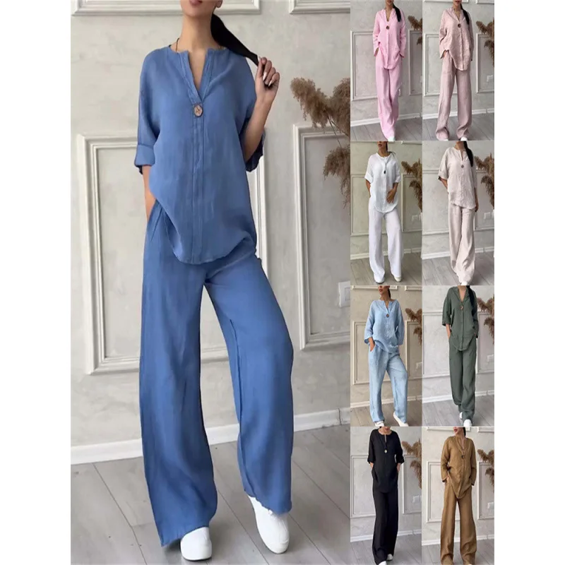 

New Bottom Top Suit Women Ladies Clothing Sale Fashion Solid Color Cotton And Hemp Casual Set Pants