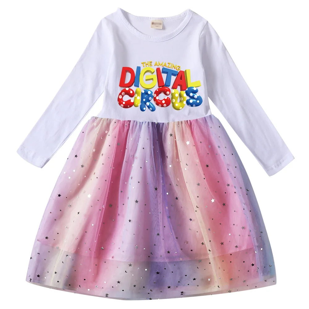 New Kids The Amazing Digital Circus Pomni Mesh Princess Dresses for Girls Long Sleeve Clothes Children Birthday Wedding Vestidos