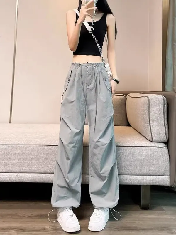 

Loose Women's Cargo Pants Summer Design Pleated Casual American Style Workwear Trousers Drawstring Quick Dry Wide Leg Pants