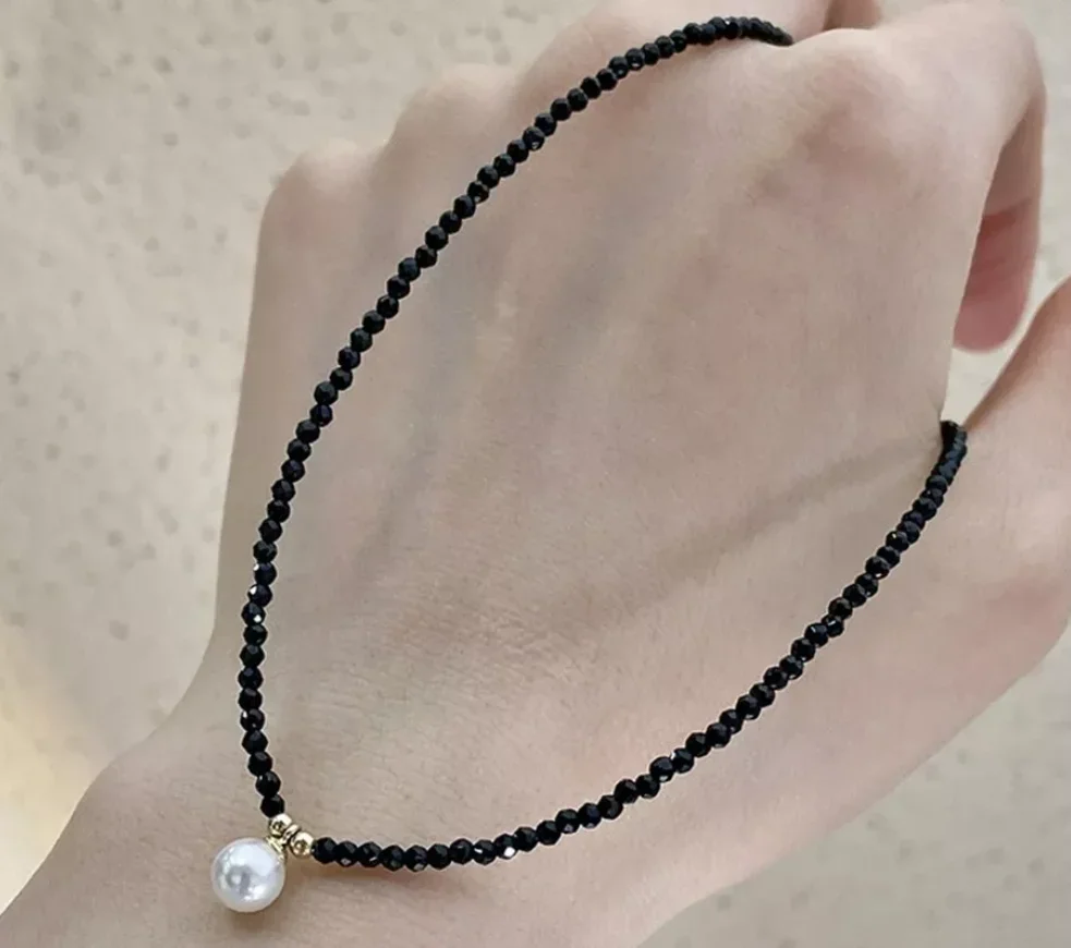 New Jewelry Necklace 3mm Faceted Black Spinel Beads+White Shell Pearl Pendant Necklace 18