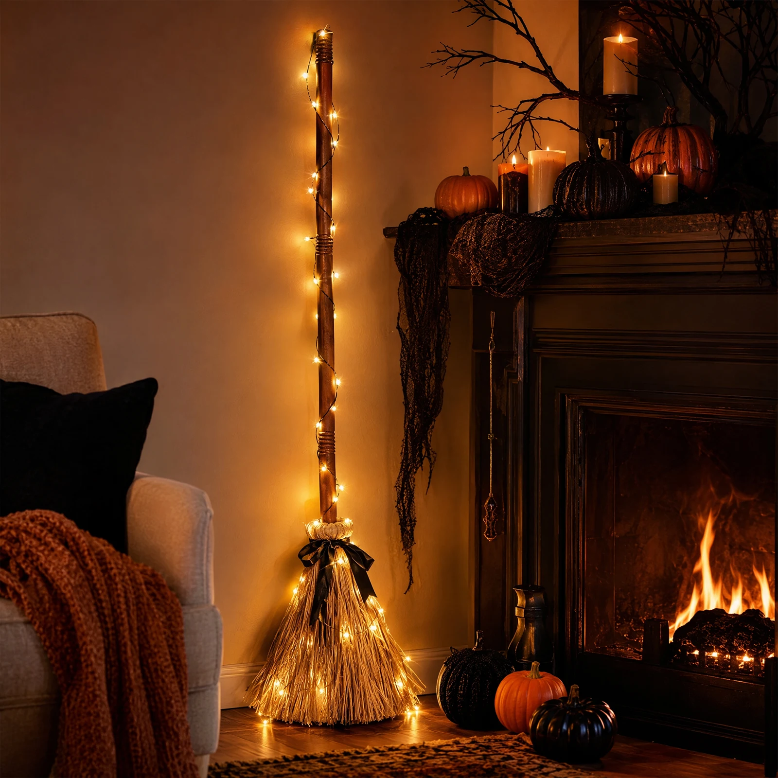 Electric Witch Broom Halloween Haunted House Floating Animated Clap Voice Control 95CM Wall Window Door Decor