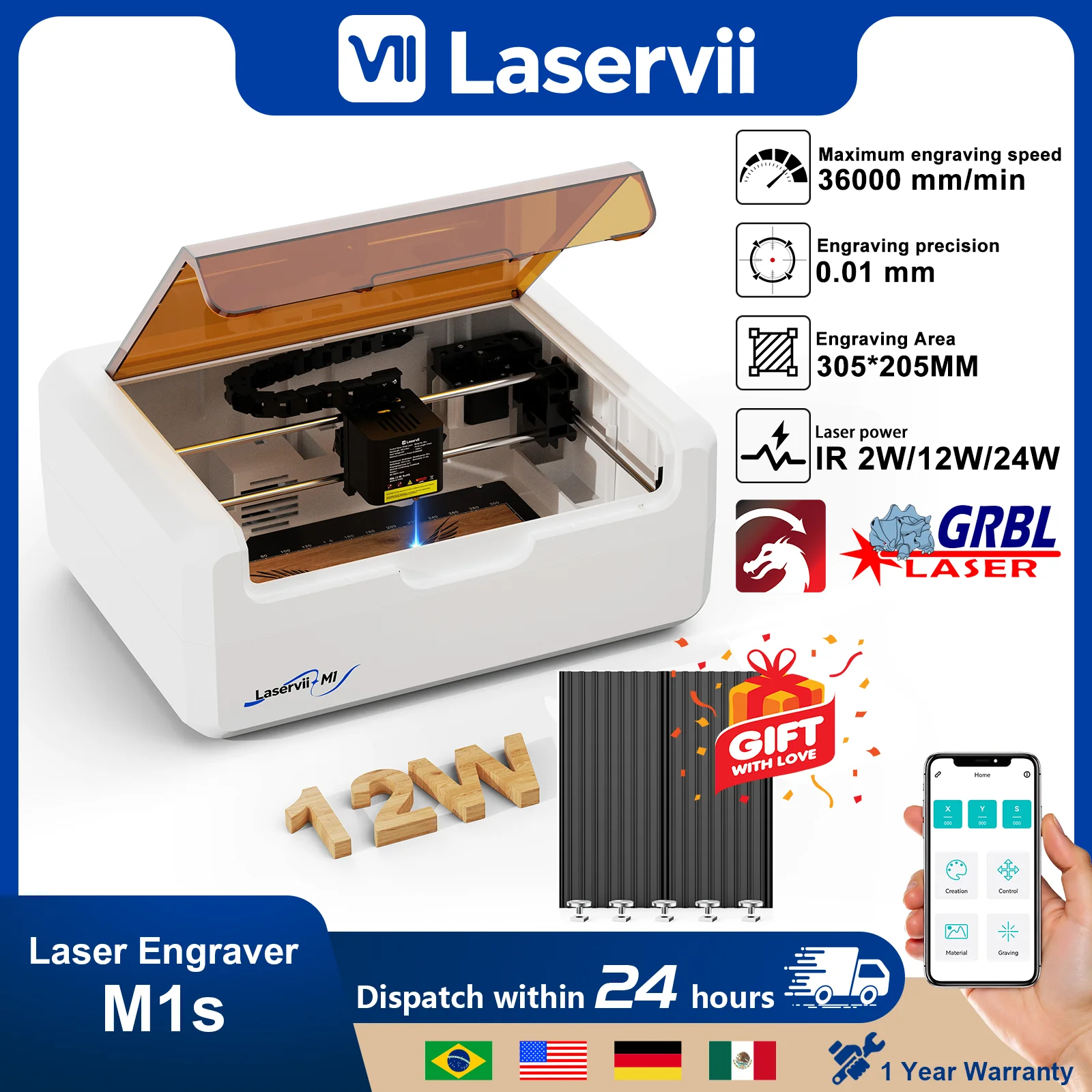 LaserVii 7W/12W/IR 2W Safety Desktop Laser Cutting Machine Enclosed Laser Engraver for Wood Acrylic Leather MDF DIY