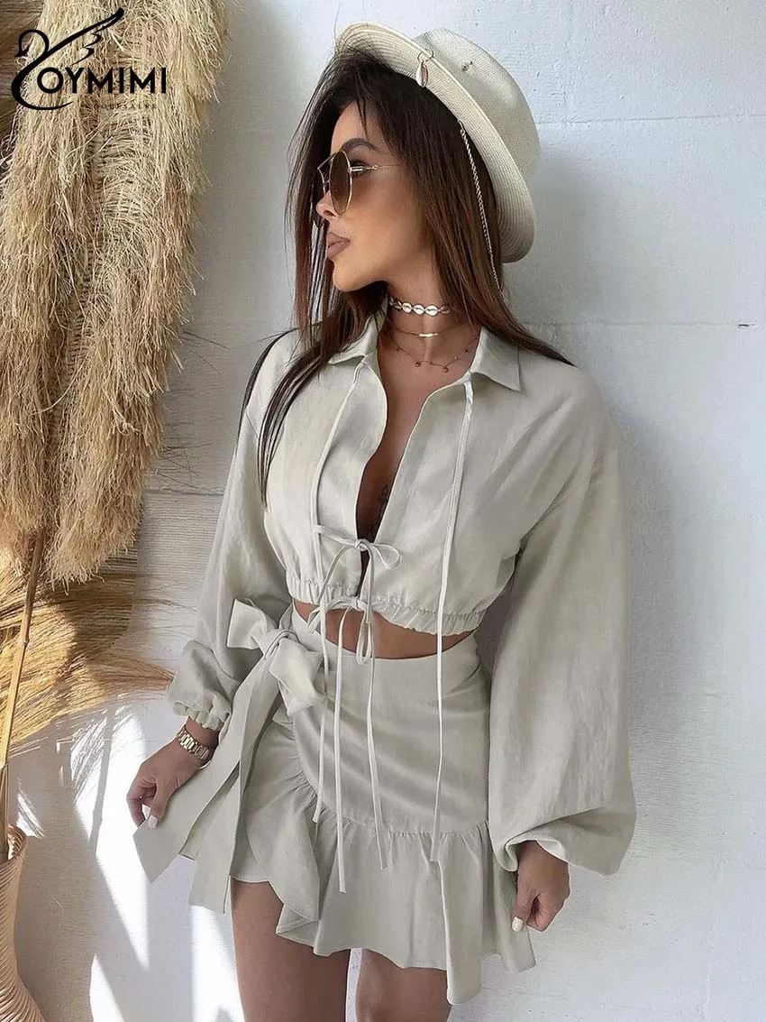 Oymimi Casual Khaki Cotton Womens 2 Piece Outfit Set Fashion Lace-Up Long Sleeve Crop Shirts And High Waist Ruffled Skirts Sets